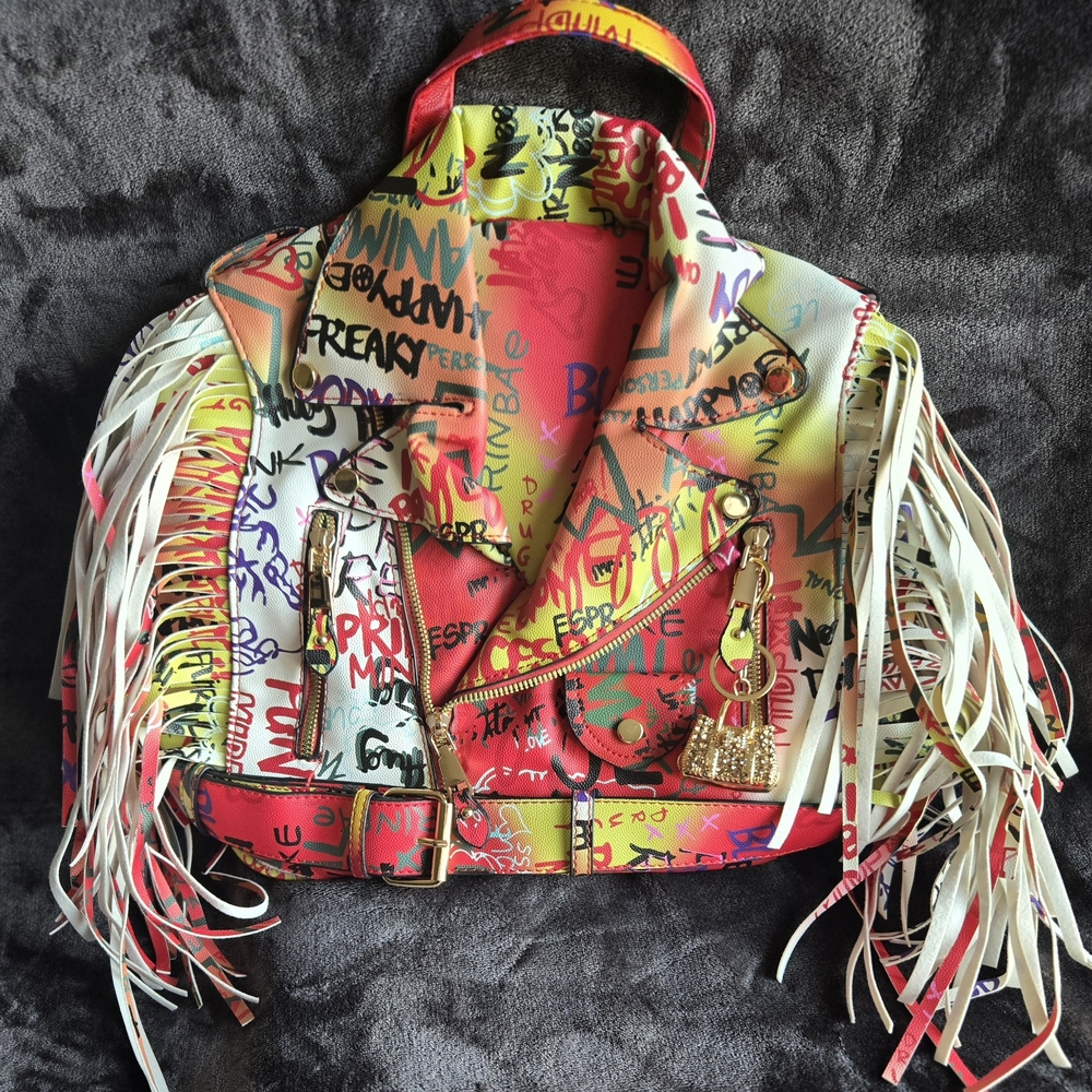 🎨Graffiti Fringe BACKPACK Moto Jacket with🎉BONUS BAG CHARM